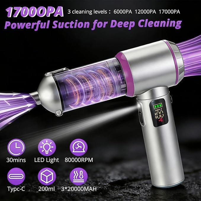 Cordless Handheld Vacuum with 17000Pa Suction, Portable Car Vacuum Cleaner for Pet Hair, Home & Desk, 3-Speed, LED Light, 4-in-1 Nozzles, Type-C Charging