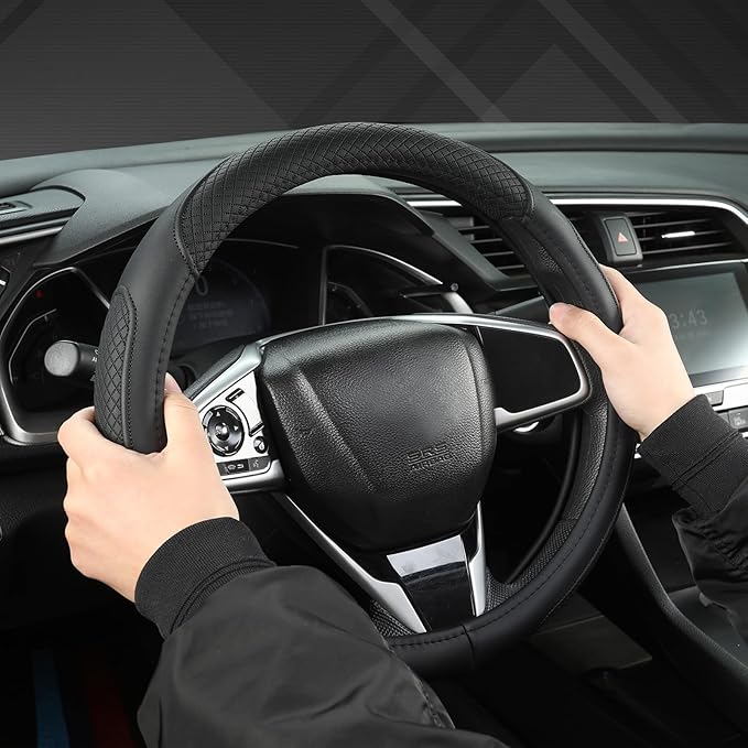 West Llama Customized Auto Car Steering Wheel Cover for Honda Civic, CR-Z, Insight, S2000,14-14.25inch(Black-Small Size)