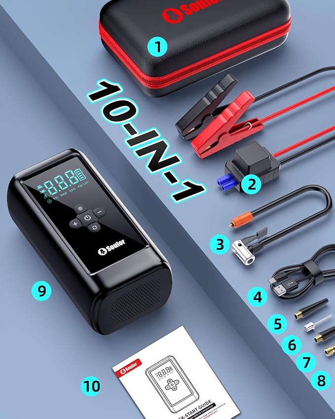 Jump Starter with Air Compressor Battery Jumper Starter Portable 6000A Car Battery Jump Starter with 160PSI Portable Tire Inflator, LED Light, Case (All Gas/14L Diesel)