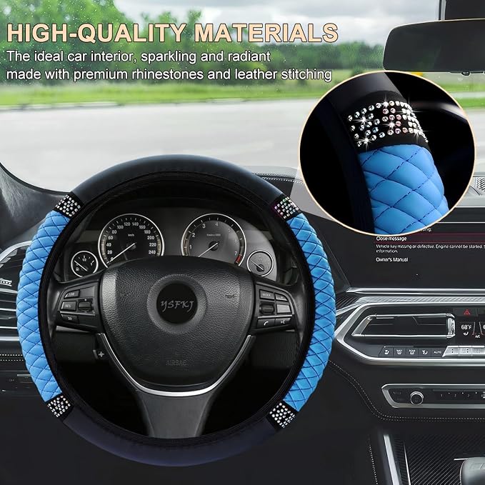 Soft Leather Car Steering Wheel Cover, Universal 15 Inch Colorful Rhinestones Anti-Slip Elastic Steering Wheel Covers for Most Cars, Sparkly Crystal Diamond for Women Girls (Blue)