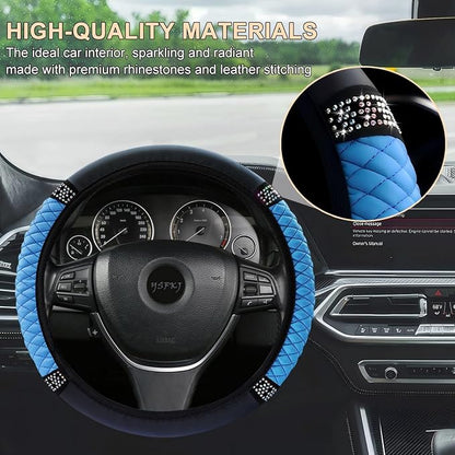 Soft Leather Car Steering Wheel Cover, Universal 15 Inch Colorful Rhinestones Anti-Slip Elastic Steering Wheel Covers for Most Cars, Sparkly Crystal Diamond for Women Girls (Blue)
