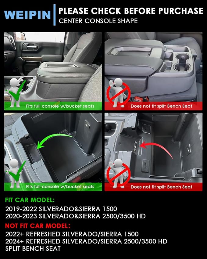 Silverado Sierra Center Console Organizer - Compatible with 2019-2022 Chevy Silverado/GMC Sierra 1500 and 2020-2023 Silverado/Sierra 2500HD 3500HD Armrest - (Full Console w/Bucket Seats ONLY) - Black