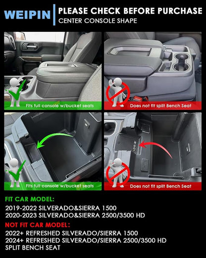 Silverado Sierra Center Console Organizer - Compatible with 2019-2022 Chevy Silverado/GMC Sierra 1500 and 2020-2023 Silverado/Sierra 2500HD 3500HD Armrest - (Full Console w/Bucket Seats ONLY) - Black