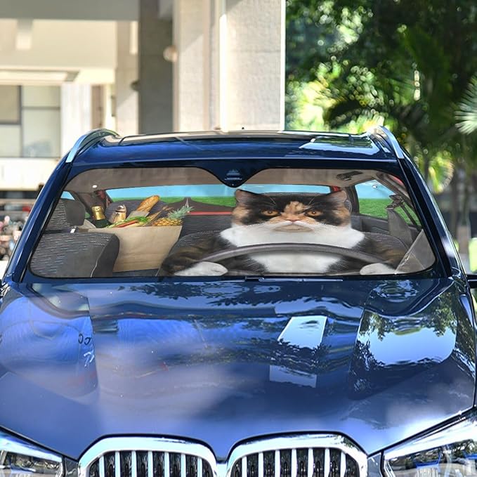 Cat Driving Car Windshield Sun Shade Fun Animal Cool Foldable UV Ray Sun Visor Protector Sunshade to Keep Your Vehicle Cool (55" x 27.6")