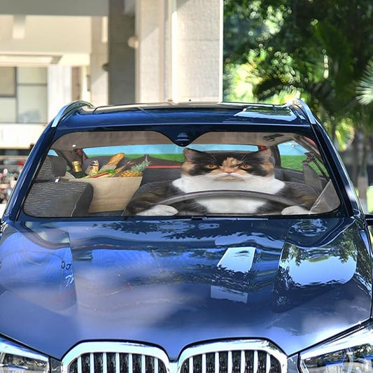 Cat Driving Car Windshield Sun Shade Fun Animal Cool Foldable UV Ray Sun Visor Protector Sunshade to Keep Your Vehicle Cool (55" x 27.6")