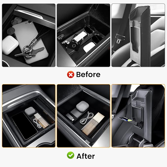 BANKKY 6PCS Center Console Organizer Tray for Tesla Model 3 Highland 2024 2025 Car Accessories with Armrest Storage Tray, Hidden Storage Box, Cup Holder Insert, Camera Privacy Cover, Glove Box Hook