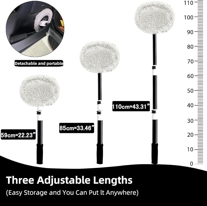 WillingHeart 15° Curved Car Wash Brush with Long Handle 43" Microfiber Cleaning Mop Telescopic Extension Pole for Caravan RV Truck Auto SUV Wheel Boat Exterior 2 in1 Carwash Duster Scratch Free, White