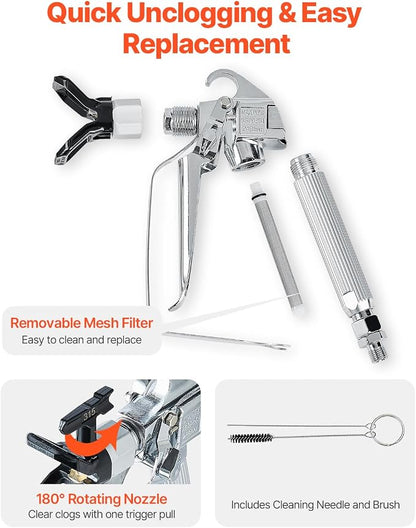VEVOR Airless Paint Spray Gun, 3600PSI High Pressure Airless Paint Sprayer Gun with 517 Tip, Swivel Joint Airless Spray Gun Kit with Filters, Cleaning Needle and Brush, for Airless Spraying Machine