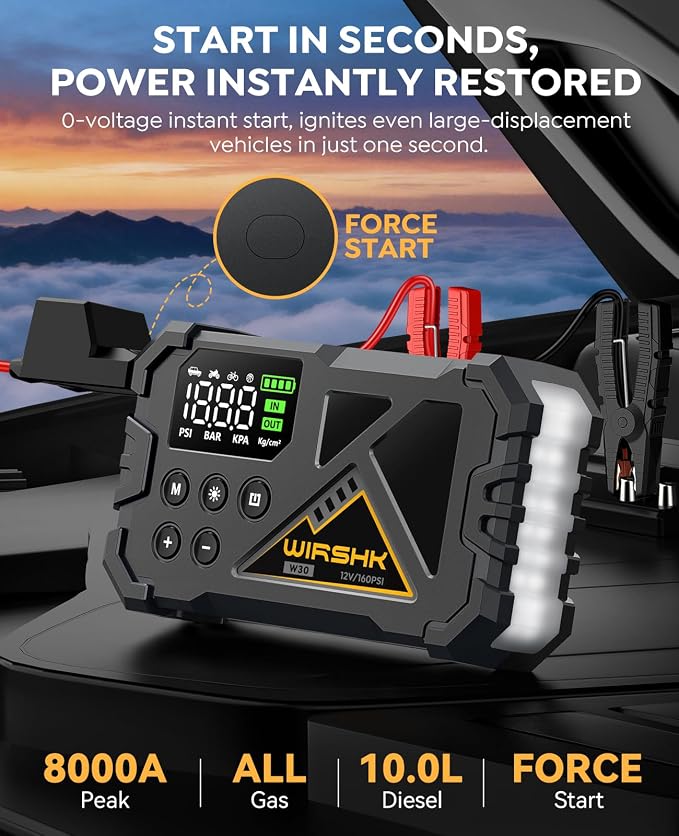 Jump Starter with Air Compressor, 8000A 160PSI Portable 12V Car Jump Starter for All Gas or 10.0L Diesel Engine, Battery Booster with LCD Display, LED Light & Jump Cables