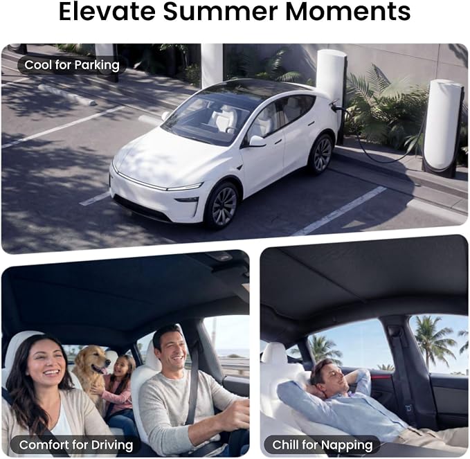 REEVAA 2026 Upgraded Tesla Model Y New (Juniper) Sunshade Roof [No Gaps, No-Sagging] Model Y Accessories Heat Insulation Foldable Glass Sunroof Cover for Model Y Juniper 2025-2026, 2PCS, Black