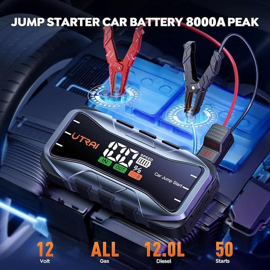 UTRAI 8000A Portable Car Jump Starter, 12V Battery Jumper for All Gas & 12L Diesel Engines, 27000mAh Jump Box with 65W USB-C Fast Charging, 2 USB & DC Output Jump Pack, 600LM LED Flashlight