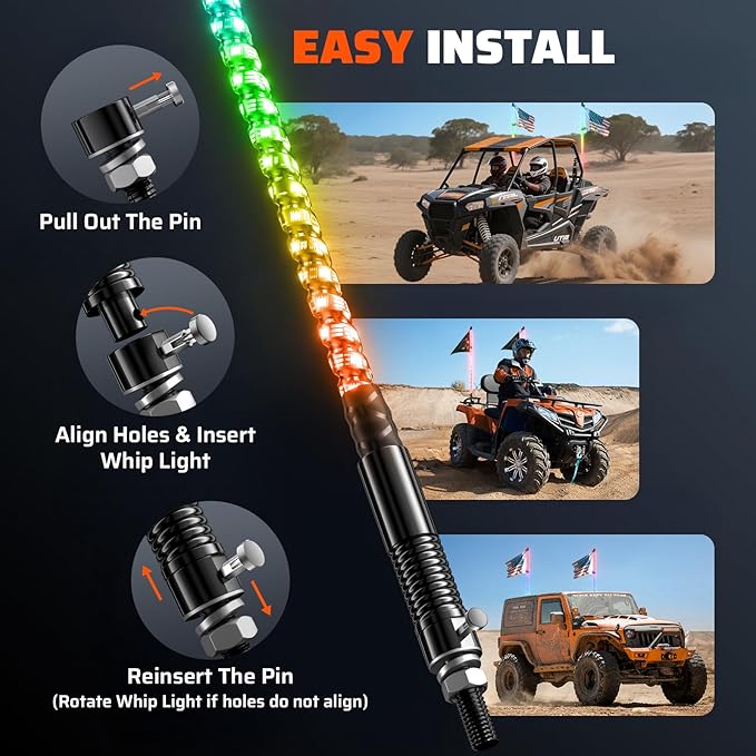 Ehaho 2 PCS 2FT Whip Lights with Spring Base, APP & Remote Control Led Whip Lights for Side by Side, Spiral RGB Chasing Lighted Whips with Rocker Switch, Music Led Whips for UTV ATV RZR SXS Can-Am