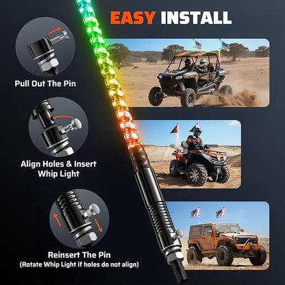 Ehaho 1 PC 4FT Whip Lights with Spring Base, APP & Remote Control Led Whip Lights for Side by Side, Spiral RGB Chasing Lighted Whips with Rocker Switch, Music Led Whips for UTV ATV RZR SXS Can-Am