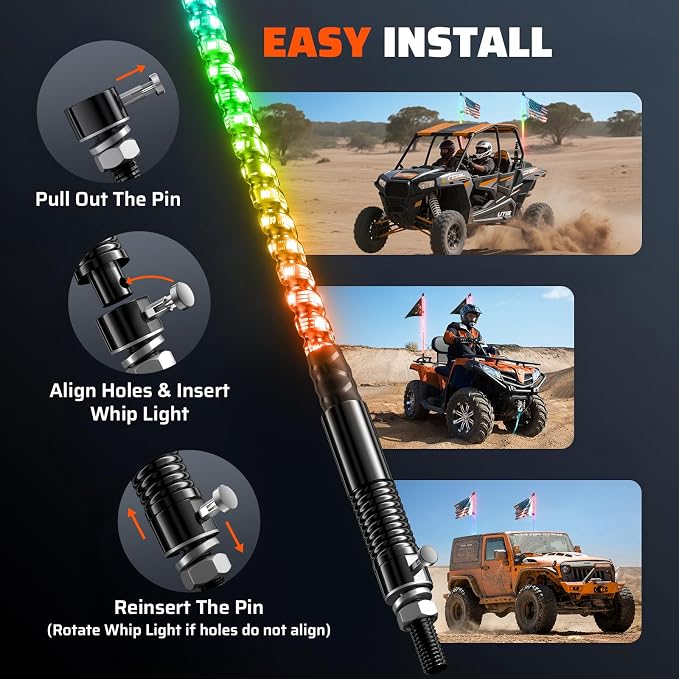 2 PCS 4FT Whip Lights with Spring Base, APP & Remote Control Led Whip Lights for Side by Side, Spiral RGB Chasing Lighted Whips with Rocker Switch, Music Led Whips for UTV ATV RZR SXS Can-Am