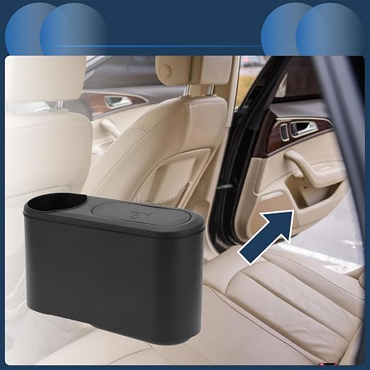 Car Trash Can Front Rear Seats 9.1" Length 3.2" Width 5.1" Height Auto Trash Bin with Cup Holder Plastic Black Hanging