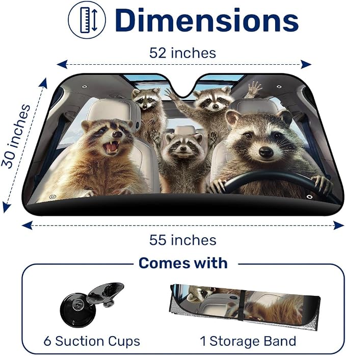 GENANY Raccoon Windshield Cover for Car SUV Truck (55x30 Inches), Foldable Heat Shield, Shades for Front Windows, Protector Blocks UV, Car Decor