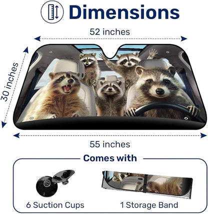 GENANY Raccoon Windshield Cover for Car SUV Truck (55x30 Inches), Foldable Heat Shield, Shades for Front Windows, Protector Blocks UV, Car Decor