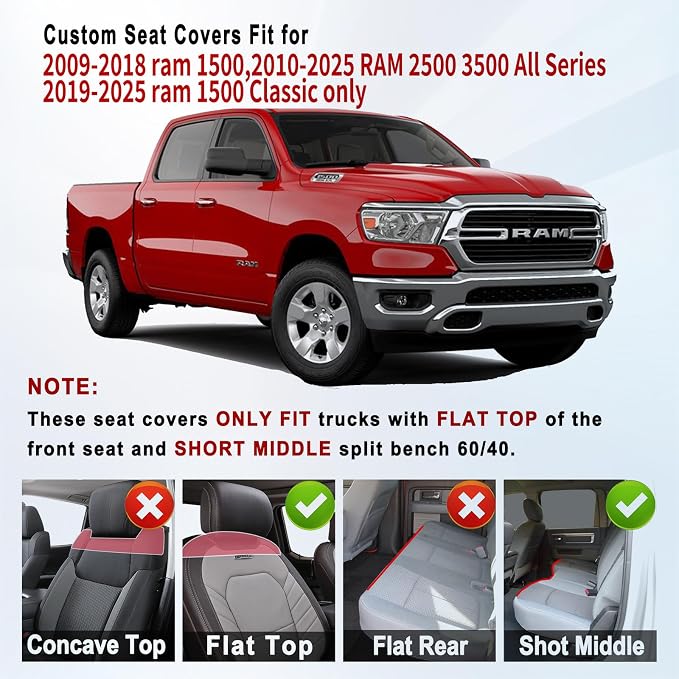 Huidasource Dodge Ram Seat Covers, Front & Rear Pickup Truck Leather Seat Cover Fit for 2009-2018 1500, 2010-2025 2500/3500 Crew Mega Cab, 2019-2025 ram 1500 Classic only (Full Set/Black)