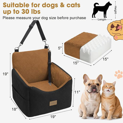 JOEJOY Dog Car Seats for Small Medium Dogs Under 35lbs, Dog Booster Seat with Detachable Washable Cover and Cushion, Memory Foam Pet Car Seat with Safety Belt and Storage Pockets (Brown)