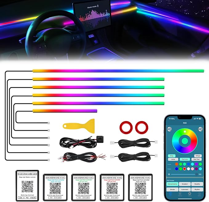 Dreamcolor Acrylic Interior Car LED Strip Light with Wireless APP, RGB 6 in 1 with 175 inches 612 LEDs Fiber Optic Car Symphony Ambient Lighting Kits, Sound Active Function LED Strip for Cars