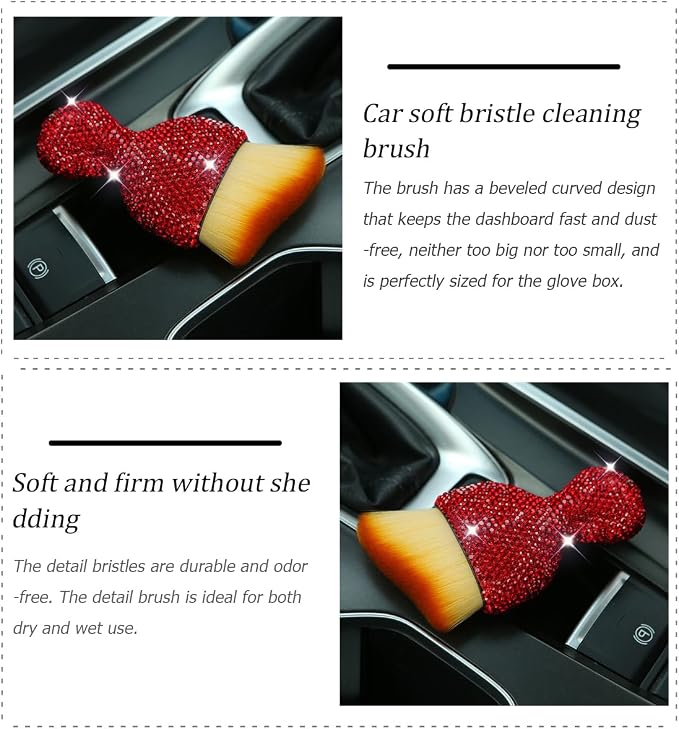 Bling Car Interior Dust Brush, Crystal Rhinestone Soft Auto Detailing Cleaning Brush, Sparkling Diamond Vehicle Dashboard Air Vent Cleaner for Women Girls, Universal for Vehicles (Red)