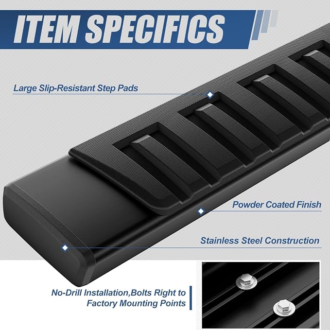 Auto Dynasty Running Boards Compatible with 2007-2019 Chevrolet Silverado GMC Sierra 1500 2500HD 3500HD Extended Cab, Stainless Steel Side Step Rail Nerf Bars, 6.3" Step Bars, Black Powder Coated