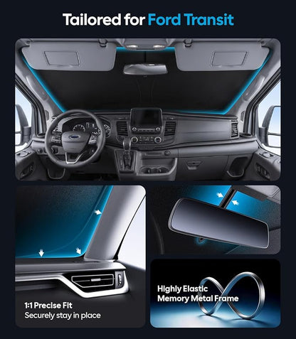 Wigoo for Ford Transit Windshield Sunshade [OEM Design, 100% Sun Blockage] Foldable Heat Insulation Sun Shade with Storage Bag, for Ford Transit (2015-2026), Silver Coating