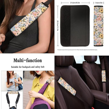Daisy 13 Pcs Car Seat Covers Full Set, Colorful Flower Field Auto Front and Rear Bench Seat Protector, Countryside Steering Wheel Sleeve Auto Armrest Cover