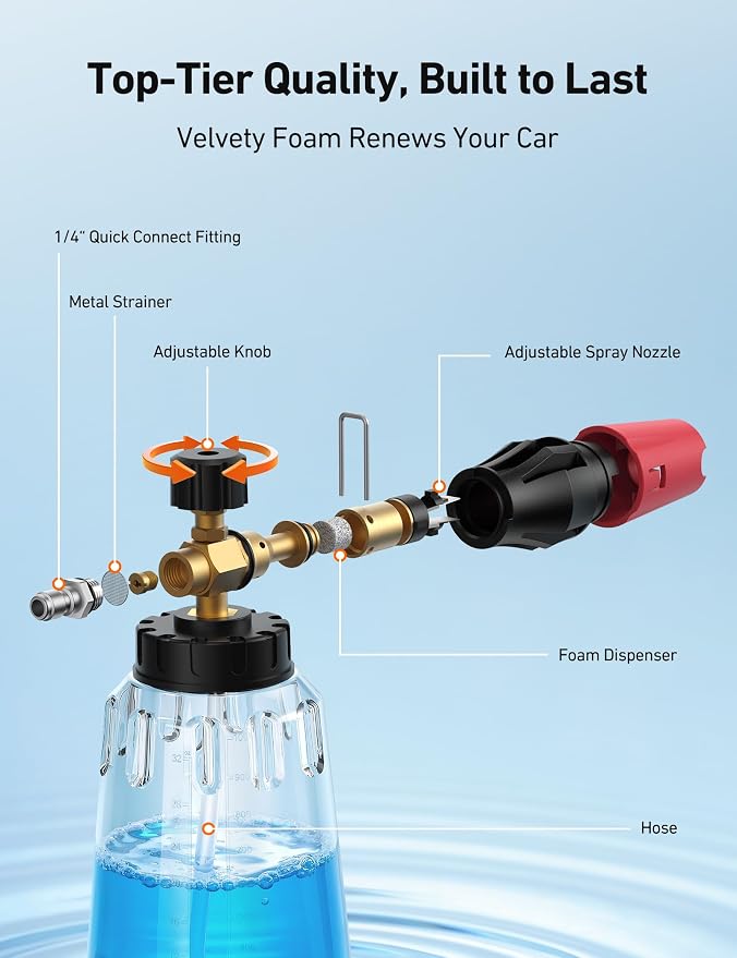 AstroAI Foam Cannon for Pressure Washer, Snow Clear Foam Cannon, Wide Neck Foam Blaster Adjustable Nozzle for Car Wash Accessories, with 1/4 Inch Quick Connector,1 L Clear Bottle