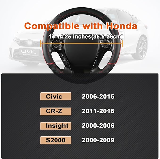 GIANT PANDA Steering Wheel Cover for Honda Civic(2006-2015),CR-Z, Insight, S2000 (Black+Red Line-Small Size)
