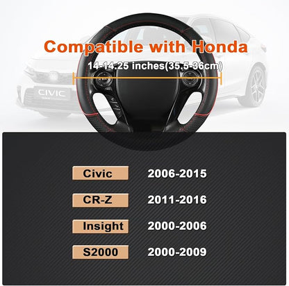 GIANT PANDA Steering Wheel Cover for Honda Civic(2006-2015),CR-Z, Insight, S2000 (Black+Red Line-Small Size)