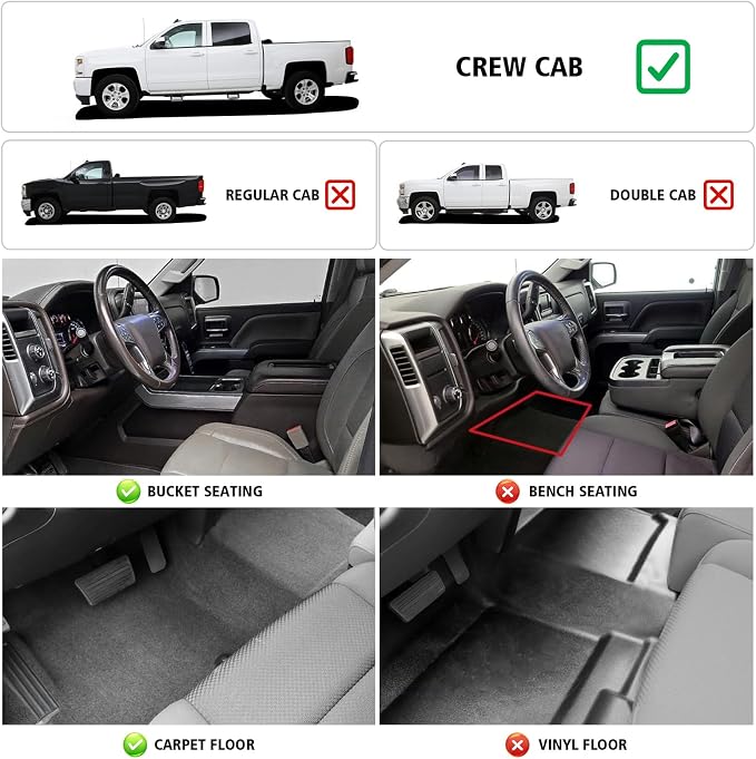All Weather Car Floor Mats for 2014-2018 Chevy Silverado/GMC Sierra 1500 Crew Cab, 2015-2019 Silverado/Sierra 2500 HD/3500 HD Crew Cab, TPE Rubber Floor Liners Full Set for Chevy Silverado Accessories