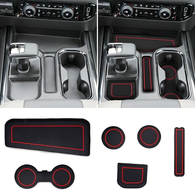 for 6PCS Refreshed Models 2022-2026 Silverado/Sierra 1500 & 2024-2026 Sierra 2500 3500 Console Liners - [3D High-Edge Liquid Silicone] 6PCS Cup Holder Mats, Full Console w/Bucket Seats ONLY - Red