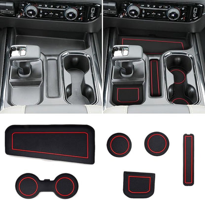 for 6PCS Refreshed Models 2022-2026 Silverado/Sierra 1500 & 2024-2026 Sierra 2500 3500 Console Liners - [3D High-Edge Liquid Silicone] 6PCS Cup Holder Mats, Full Console w/Bucket Seats ONLY - Red