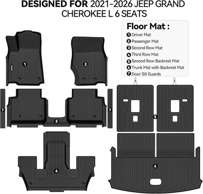 Floor Mats for Jeep Grand Cherokee L 6 Seats 2021-2025 2026, Trunk Mat and Backrest Mat & Door Sill Guard All Weather TPE Protector for Jeep Grand Cherokee L Accessories