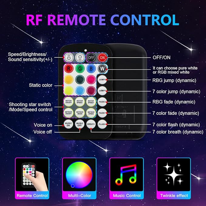 AZIMOM 16W Twinkle & Sound Activate 600pcs*0.03in*13.1ft Fiber Optic Starlight Headliner Kits+RGB Meteor Shooting Star,APP& Remote Control Light Engine End Glow Fiber Strands Home Car Ceiling Décor