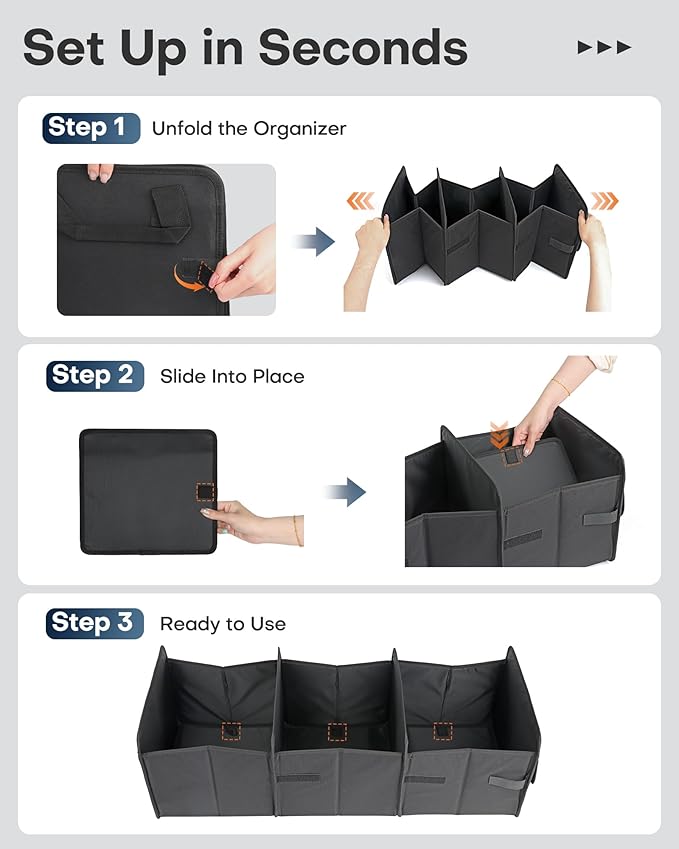 HOTOR Tactical Car Trunk Organizer - Foldable Trunk Organizer for SUV with Front MOLLE Pocket & Reflective Strips, Essential Car Accessories for Tools & Outdoor Storage, 11.6" x 31.9" x 11.0", Black