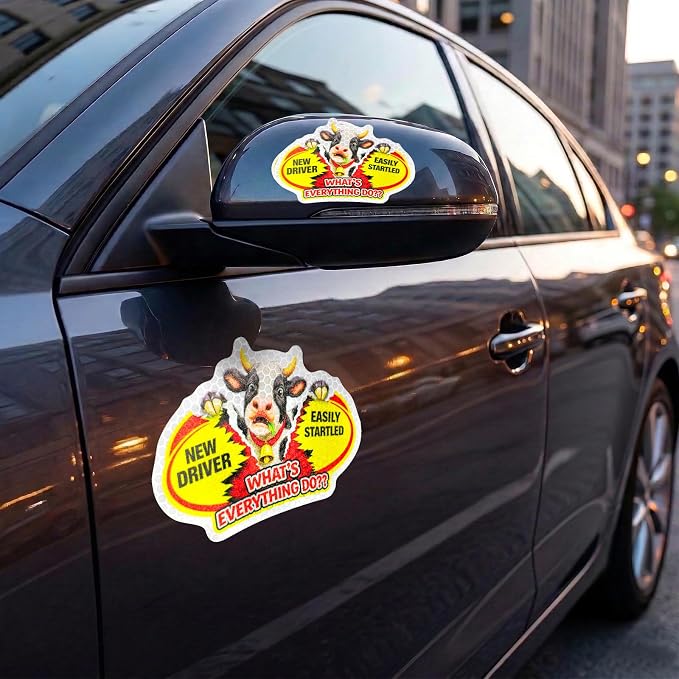 3 Pcs Reflective Student Driver Magnet and Stickers Set - Funny Animal New Driver Safety Signs for Car, Waterproof & Weatherproof High Visibility Vehicle Bumper Decals, Magnet + Stickers (Cow)