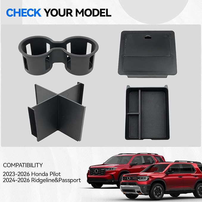ELECFRESH 4PCS Center Console Organizer Tray for 2023-2026 Honda Pilot 2024-2026 Honda Ridgeline&Passport Accessories, Armrest Storage Box and Divider, Hidden Storage Box and Cup Holder