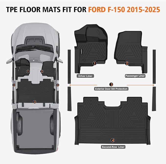 All Weather Car Floor Mats for Ford F150/F-150 2015-2025 SuperCrew Cab (Includes 22-24 Lightning Models), TPE Rubber Floor Liners Anti-Slip Full Set Automotive Mats for 2025 Ford F-150 Accessories