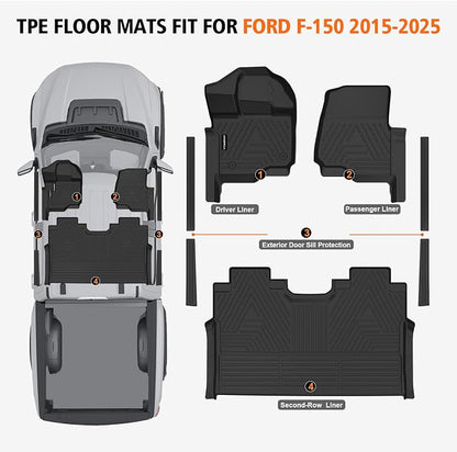 All Weather Car Floor Mats for Ford F150/F-150 2015-2025 SuperCrew Cab (Includes 22-24 Lightning Models), TPE Rubber Floor Liners Anti-Slip Full Set Automotive Mats for 2025 Ford F-150 Accessories