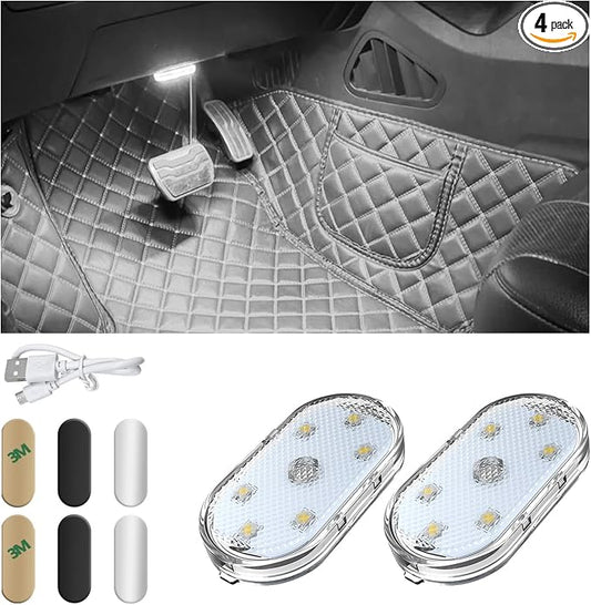 KVAEY 4 PCS Car LED Lights Interior Wireless, 7 Colors Magnetic Auto Ambient Light with 6 Bright LED Lamp Beads, Portable USB Rechargeable Vehicle Interior Led Night Light (White, Magnetic, 2pcs)