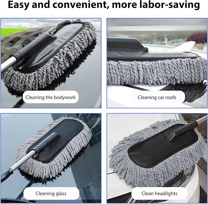 2 PCS Microfiber Car Dusters, Scratch Free Auto Exterior Dust Brust Set with Extendable Duster, Multipurpose Soft Brushes Dusting Supplies for Cars Trucks SUVs Motorcycles (Gray)