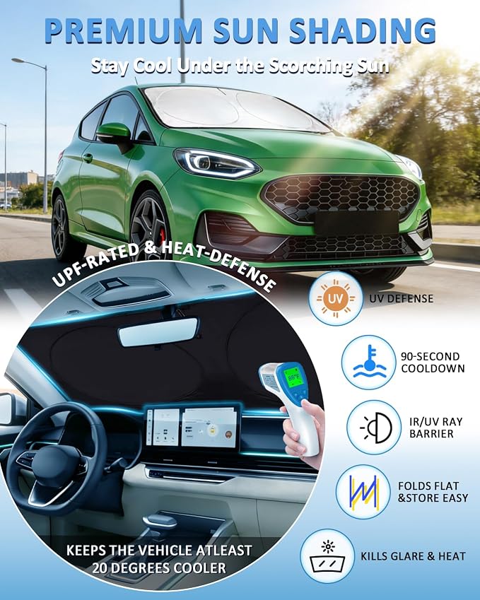 INSAUTO Windshield Sun Shade for Ford Fiesta 2017-2023 2024 2025 2026, Custom-Fit Fiesta Sun Visor Protector, 99% UV Block Heat Sun Shield, Silver Reflective Front Window Sunshade