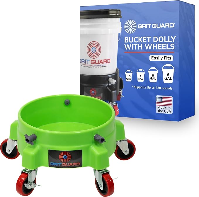 Grit Guard Bucket Dolly with Wheels - Rolling Detailing Wash Bucket with 5 Wheels and 2 Locking Casters Compatible with 2.5, 4, 5 and 6 Gallon Buckets (Green, 3" Red Casters) - Made in the USA