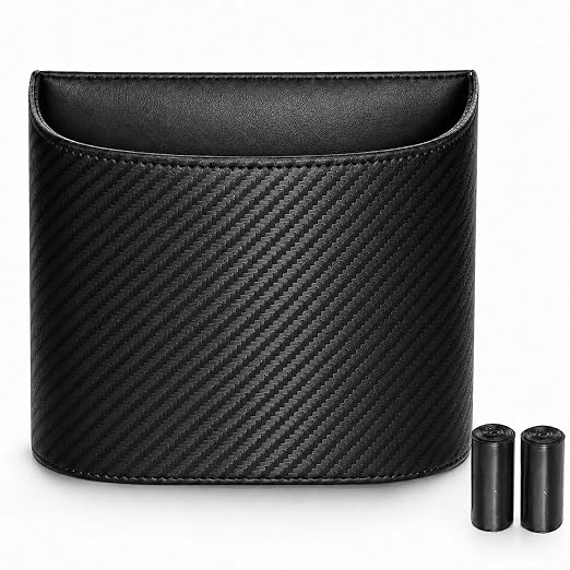 COZILO Leather Car Trash Can – Leakproof & Easy-to-Clean Car Garbage Can for Luxury Cars, SUVs & Trucks | Includes 60 Custom Liners, Secure Hook, Easy Install, Carbon Fiber