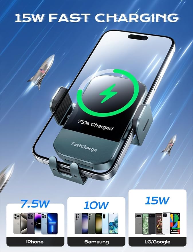 Wireless Car Charger, 15W Fast Charging Auto Clamping Car Charger Phone Mount Phone Holder fit for iPhone 15 14 13 12 11 Pro Max Xs, Samsung Galaxy S24 Ultra S23 S22 S21, S20, S10+, Green