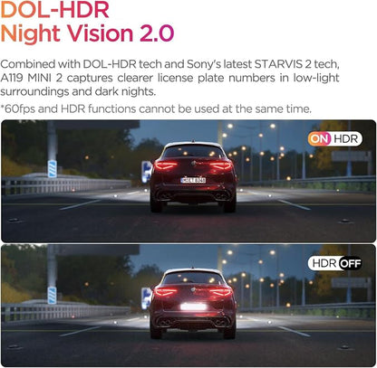 VIOFO Dash Cam A119 Mini 2, STARVIS 2 Sensor, 2K 60fps/HDR 30fps Voice Control Car Dash Camera with 5GHz Wi-Fi GPS, Night Vision 2.0, 24H Parking Mode, Supercapacitor (SD Card Not Included)