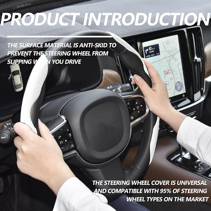 2pcs Universal Fit Carbon Fiber Steering Wheel Cover, Anti-Skid Steering Wheel Cover/Segmented Steering Wheel Protector/Car Interior Accessories (White)