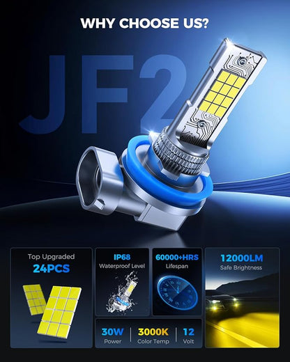 Marsauto H11/H16/H8 LED Fog Light Bulbs, Amber Yellow 3500K, 12,000 Lumens Super Bright H11 LED Bulb Yellow, Mini 1:1 Size Fog Lights, Easy Plug and Play, Side Marker Cornering Combos